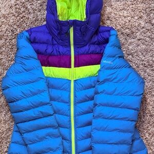 Columbia Women's Colorblock Hooded Puffer Jacket Blue Purple Yellow Full Zip L